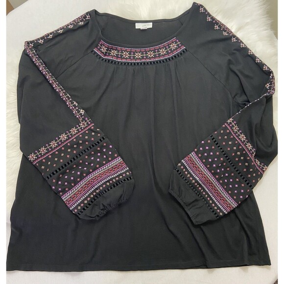 J. Jill Tops - J. Jill XL Black Cotton/Modal Blend Boho Embroidered Crochet Tunic Peasant Top
